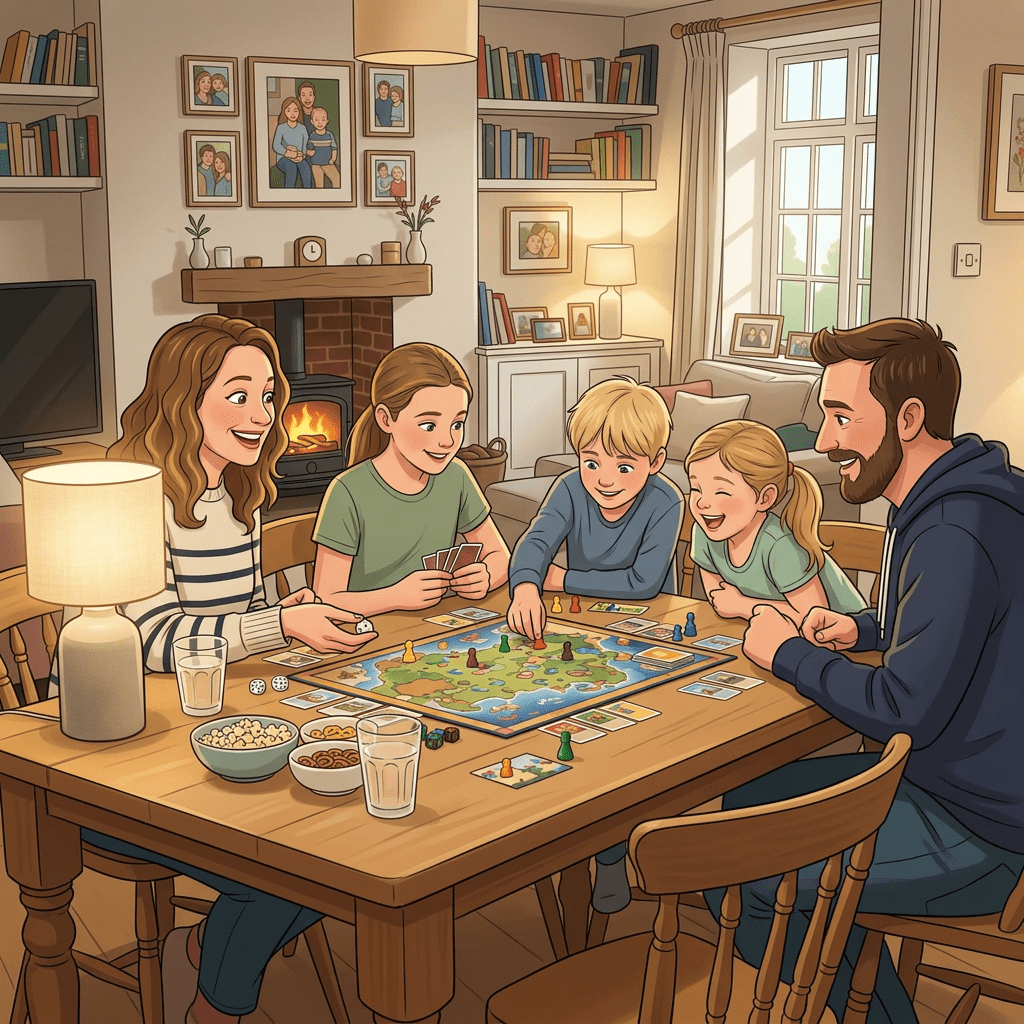 Family of two adults and three children playing a board game at a wooden table